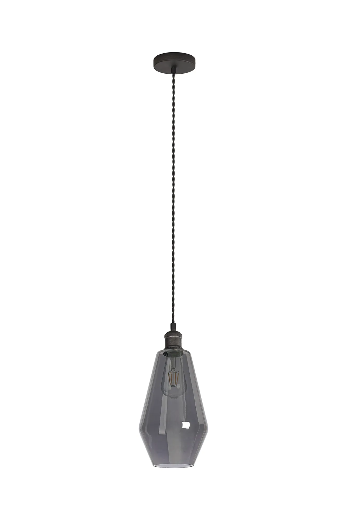 Cawdor Single Pendant, 1 Light E27, Pewter/Dark Grey/Smoke Kite Glass DK1142  Deco Cawdor